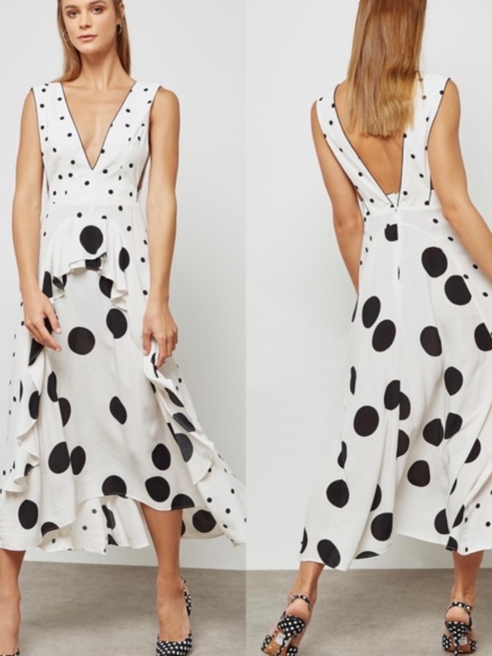 TOPSHOP mixed monochrome spot pinafore Polka Dot V-Neck Maxi Dress White Black 8